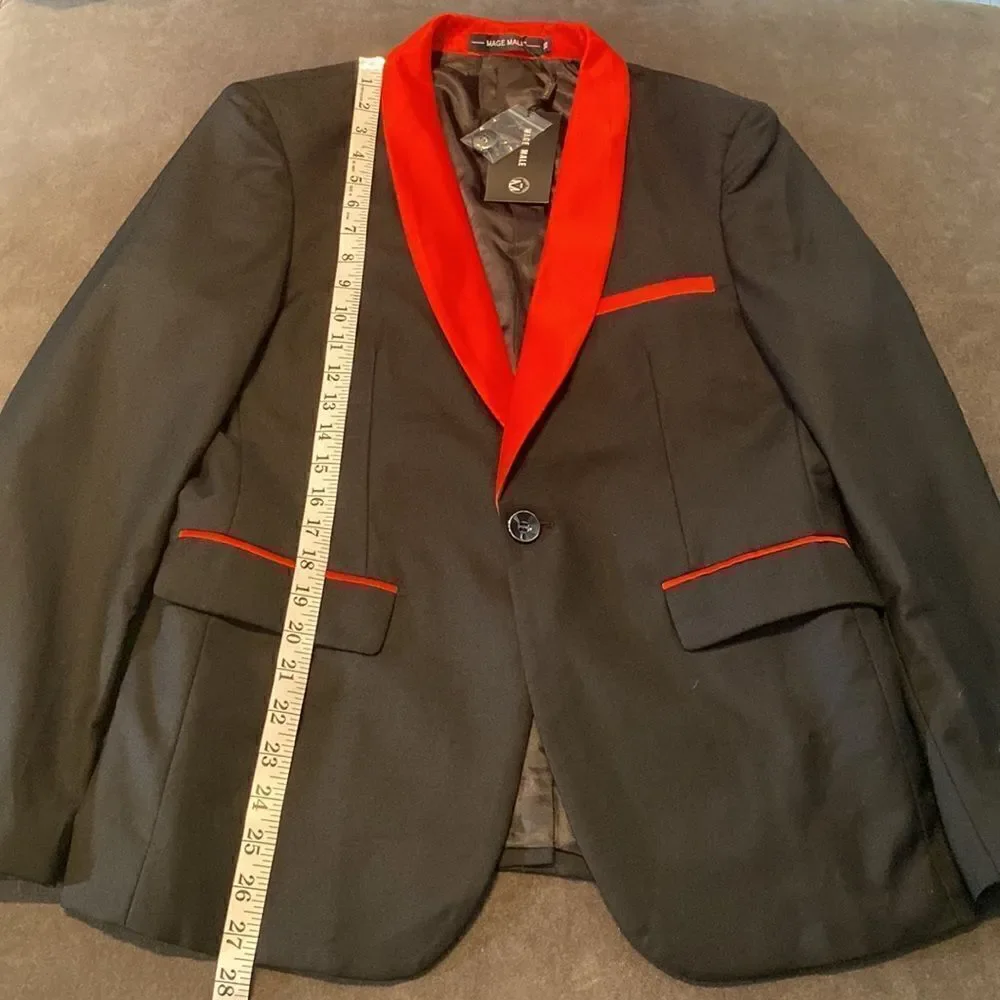 Men’s 3 Piece Slim Fit Tuxedo Black with Red Detail Shawl Lapel Size XS NWT